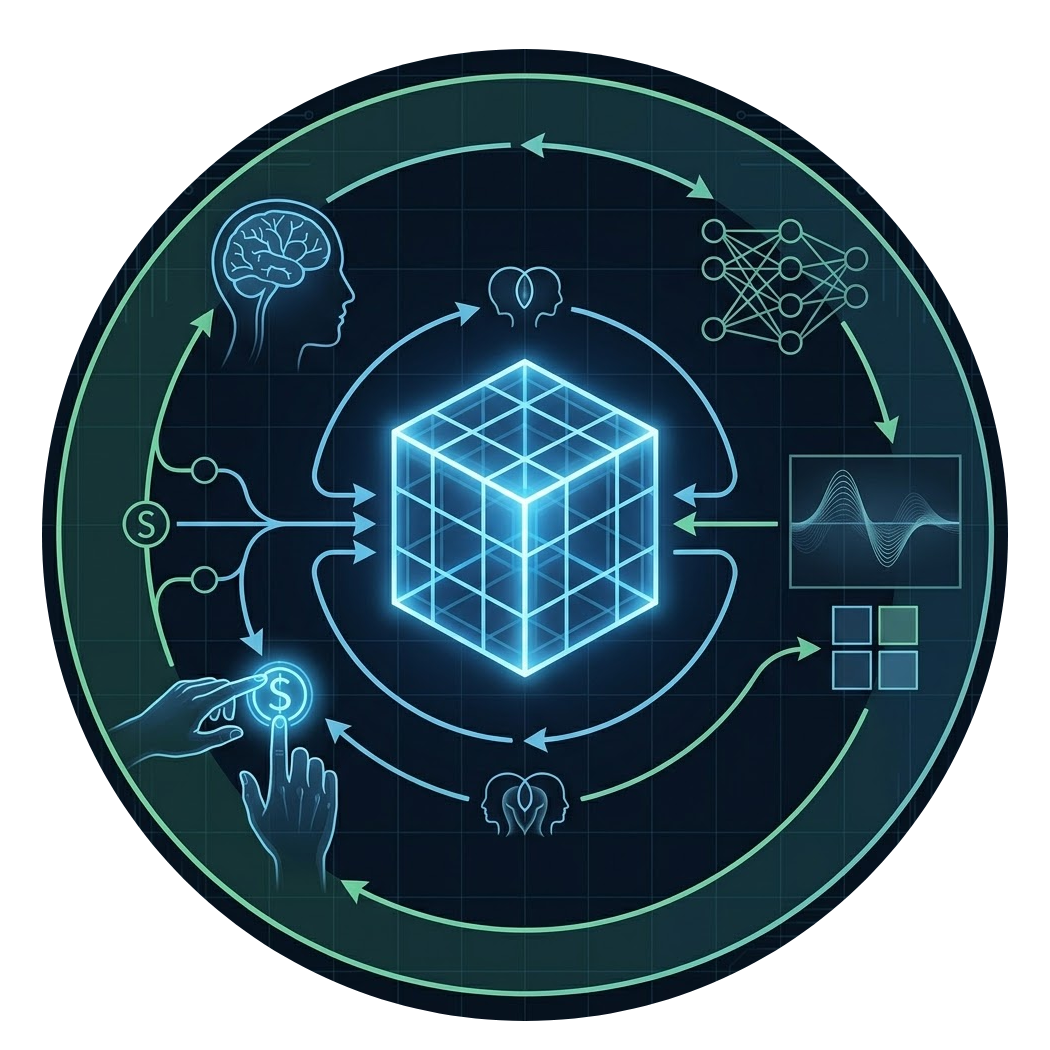 The Silicon Square co-creation loop: human intent and machine cognition circulating through a central lattice, with the manual seal gating the return path.